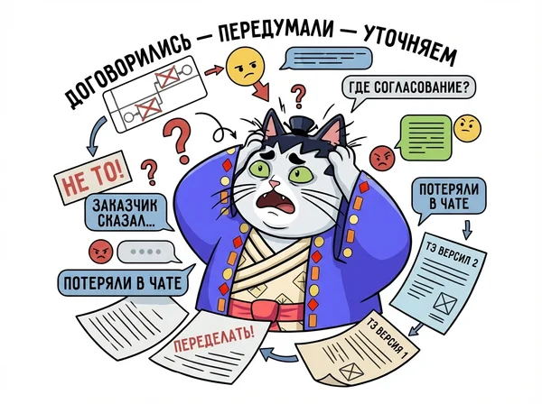 <h3 style="text-align: center;"><strong id="docs-internal-guid-10315ba2-7fff-7937-1c38-50d7f39d7bc0">Хаос в коммуникациях и согласовании требований</strong></h3>